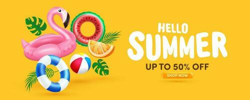 Summer poster or banner template with Flamingo Pool Float, Watermelon Swimming Floats and Summer element on yellow background. Promotion and shopping template for Summer time vector