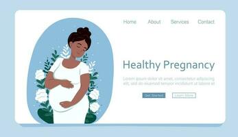 Web page template concept of pregnancy and motherhood. Healthy pregnancy banner. Beautiful pregnant black woman hugs her belly. Vector illustration in cute cartoon style.