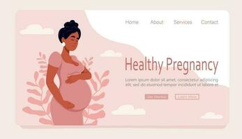 Web page template concept of pregnancy and motherhood. Healthy pregnancy banner. Beautiful pregnant black woman hugs her belly. Vector illustration in cute cartoon style.