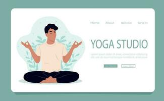 Yoga studio web page template. A man does yoga, meditating. International Day of Yoga. Modern concept of flat web page design for website and mobile site. Vector illustration.