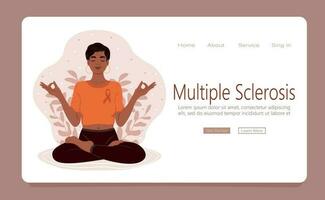 Meditation concept web template. An elderly woman meditates in nature. The practice of meditation can help reduce the symptoms of multiple sclerosis. vector