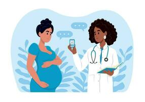 Diabetes in pregnant women. World Diabetes Day. A young smiling black female doctor measures the sugar level of a pregnant woman with a glucometer.Gynecologist and obstetrician consultation. vector