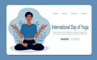 internacional día de yoga. mujer con cerrado ojos meditando en yoga loto postura. web página modelo. plano vector ilustración.
