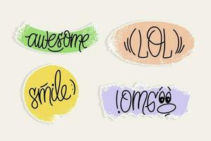 script lettering common words set. Words awesome, smile, LOL, OMG on texture backgrounds. Sticker collection. vector