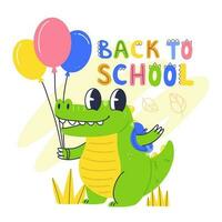 Design concept poster Back to School with a cute crocodile character. Happy crocodile baby with backpack and balloons in cartoon flat style. Vector illustration.