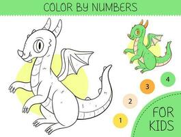 Color by numbers coloring page for kids with cute dragon. Coloring book with cartoon dragon with an example for coloring. Monochrome and color versions. Vector illustration.