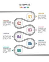 Infographic timeline 6 steps to success. Business milestone, roadmap, presentation, marketing. Vector illustration.