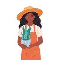negro mujer jardinero con en conserva casa planta. jardinero, florista, agricultor, botánica, vendedor en un flor tienda. vector