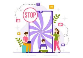 Internet Addiction Vector Illustration with Young People Addicted to Using Devices Such as Laptop or Smartphone in Flat Cartoon Hand Drawn Templates