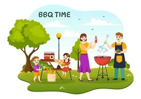 Barbecue and Grill Set Vector Illustration Kids Grilling or BBQ Party Food at Park in Festival and Summer Cooking Cartoon Hand Drawn Templates