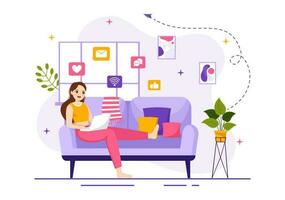 Internet Addiction Vector Illustration with Young People Addicted to Using Devices Such as Laptop or Smartphone in Flat Cartoon Hand Drawn Templates