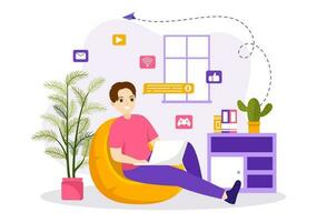 Internet Addiction Vector Illustration with Young People Addicted to Using Devices Such as Laptop or Smartphone in Flat Cartoon Hand Drawn Templates