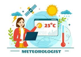 meteorólogo vector ilustración con clima pronóstico y atmosférico precipitación mapa en plano dibujos animados mano dibujado aterrizaje página plantillas