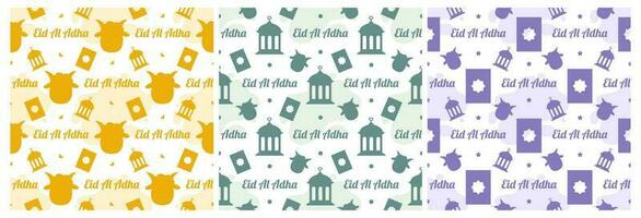 conjunto de contento eid Alabama adha Mubarak sin costura modelo de musulmanes celebracion con sacrificatorio animales en modelo mano dibujado dibujos animados plano ilustración vector