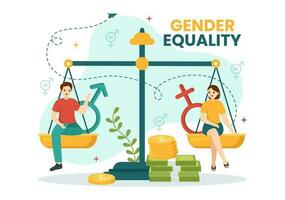 Gender Equality Vector Illustration with Men and Women Character on the Scales Showing Equal Balance and Same Opportunities in Hand Drawn Templates