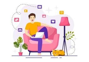 Internet Addiction Vector Illustration with Young People Addicted to Using Devices Such as Laptop or Smartphone in Flat Cartoon Hand Drawn Templates