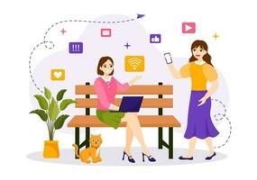 Internet Addiction Vector Illustration with Young People Addicted to Using Devices Such as Laptop or Smartphone in Flat Cartoon Hand Drawn Templates