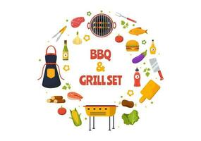 Barbecue and Grill Set Vector Illustration People Grilling or BBQ Party Food at Park in Festival and Summer Cooking Cartoon Hand Drawn Templates