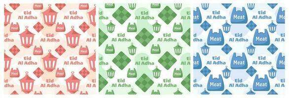 Set of Happy Eid Al Adha Mubarak Seamless Pattern of Muslims Celebration with Sacrificial Animals in Template Hand Drawn Cartoon Flat Illustration vector