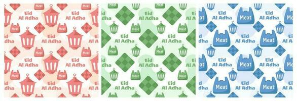 conjunto de contento eid Alabama adha Mubarak sin costura modelo de musulmanes celebracion con sacrificatorio animales en modelo mano dibujado dibujos animados plano ilustración vector