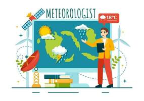 meteorólogo vector ilustración con clima pronóstico y atmosférico precipitación mapa en plano dibujos animados mano dibujado aterrizaje página plantillas