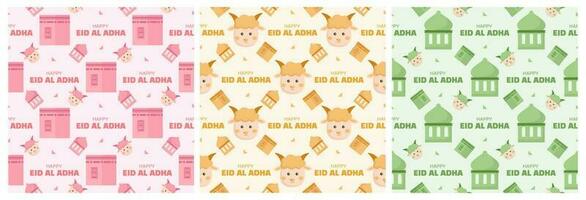Set of Happy Eid Al Adha Mubarak Seamless Pattern of Muslims Celebration with Sacrificial Animals in Template Hand Drawn Cartoon Flat Illustration vector