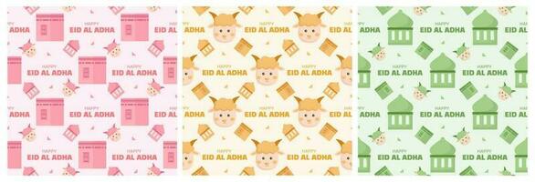 Set of Happy Eid Al Adha Mubarak Seamless Pattern of Muslims Celebration with Sacrificial Animals in Template Hand Drawn Cartoon Flat Illustration vector