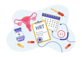 hrt o hormona reemplazo terapia acrónimo vector ilustración con tratamiento y hormona medicación en cuidado de la salud dibujos animados mano dibujado plantillas