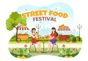 Street Food Festival Event Vector Illustration with People and Foods Trucks in Summer Outdoor City Park in Flat Cartoon Hand Drawn Templates