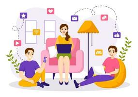 Internet Addiction Vector Illustration with Young People Addicted to Using Devices Such as Laptop or Smartphone in Flat Cartoon Hand Drawn Templates