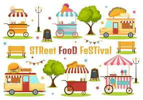 Street Food Festival Event Vector Illustration with People and Foods Trucks in Summer Outdoor City Park in Flat Cartoon Hand Drawn Templates