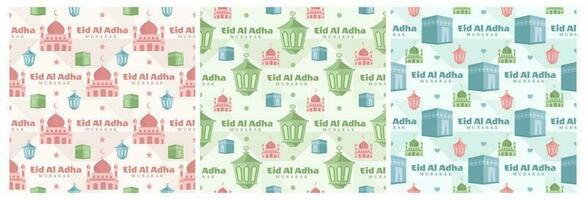 Set of Happy Eid Al Adha Mubarak Seamless Pattern of Muslims Celebration with Sacrificial Animals in Template Hand Drawn Cartoon Flat Illustration vector