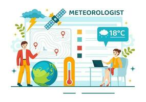 meteorólogo vector ilustración con clima pronóstico y atmosférico precipitación mapa en plano dibujos animados mano dibujado aterrizaje página plantillas