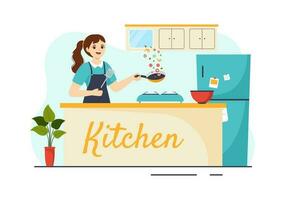 Kitchen Architecture Vector Illustration with Furniture and Interior such as Table, Stove and Fridge in Flat Cartoon Hand Drawn Background Templates