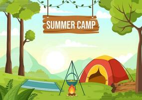 Summer Camp Vector Illustration of Camping and Traveling on Holiday with Equipment such as Tent, Backpack and Others in Flat Cartoon Templates