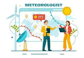 meteorólogo vector ilustración con clima pronóstico y atmosférico precipitación mapa en plano dibujos animados mano dibujado aterrizaje página plantillas