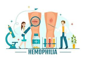 hemofilia vector ilustración con médico examinando lesionado rodilla o articulación y sangre trastornos en cuidado de la salud plano dibujos animados mano dibujado plantillas
