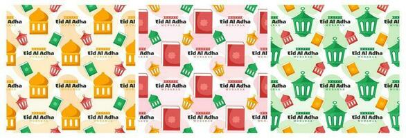 Set of Happy Eid Al Adha Mubarak Seamless Pattern of Muslims Celebration with Sacrificial Animals in Template Hand Drawn Cartoon Flat Illustration vector