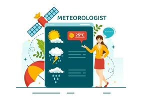 meteorólogo vector ilustración con clima pronóstico y atmosférico precipitación mapa en plano dibujos animados mano dibujado aterrizaje página plantillas