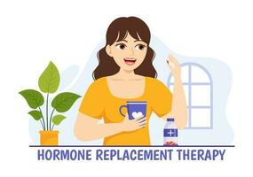 hrt o hormona reemplazo terapia acrónimo vector ilustración con tratamiento y hormona medicación en cuidado de la salud dibujos animados mano dibujado plantillas