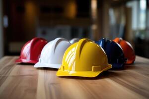 stock photo of yellow white red and blue safety helmet workplace