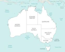 Vector map of Australia with regions and administrative divisions, and neighbouring countries and territories. Editable and clearly labeled layers.