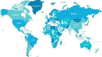 Political World Map vector illustration with different tones of blue for each country and country names in spanish. Editable and clearly labeled layers.