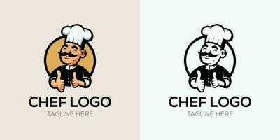 Smiling happy chef with mustache and thumbsup  Happy chef cook in hat isolated on white logo template. Vector illustration.