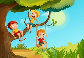 Children playing on a tree in the park. Little boys hang on tree branches and on a swing. Colourful cartoon characters vector