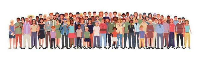 Multiethnic group of people isolated on white background. Young, adults and seniors.  Children and teenagers stand together. Vector illustration of men and women of different nationalities and ages.