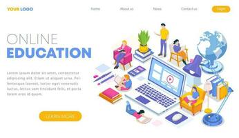 Isometric concept of online education in modern flat design. Landing page template. Training courses, tutorials, lectures. Vector illustration for web banner, infographics, and website.