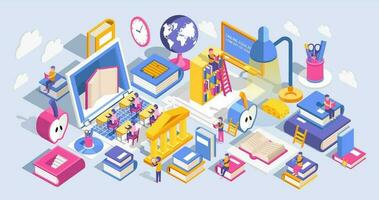 Modern flat design isometric concept of learning and reading books. Online education landing page template. Training courses, tutorials, lectures. Can use for web banner, infographics, and website. vector