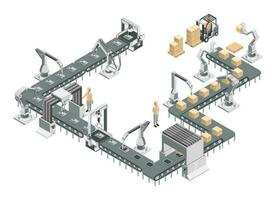 Robotic assembly line in an automated factory. Conveyor system and robotic arms. Isometric vector illustration.