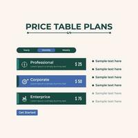 Price table interface or price chart template for website or app ui design vector